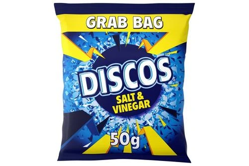 Discos Salt & Vinegar Grab Bag Crisps 50g Pack Size: 28 X 50g 3 Discos Salt & Vinegar Grab Bag Crisps 50g Pack Size: 28 X 50g