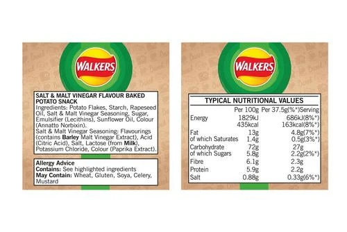 Walkers Baked Salt & Vinegar Snack Crisps 37.5g Pack Size: 32 X 37.5g 6 Walkers Baked Salt & Vinegar Snack Crisps 37.5g Pack Size: 32 X 37.5g - Image 4