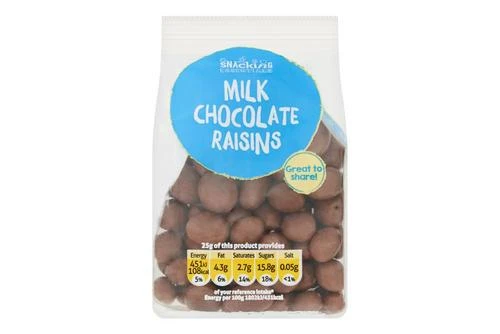 Snacking Essentials Milk Chocolate Raisins Pack Size: 12 X 100g 3 Snacking Essentials Milk Chocolate Raisins Pack Size: 12 X 100g